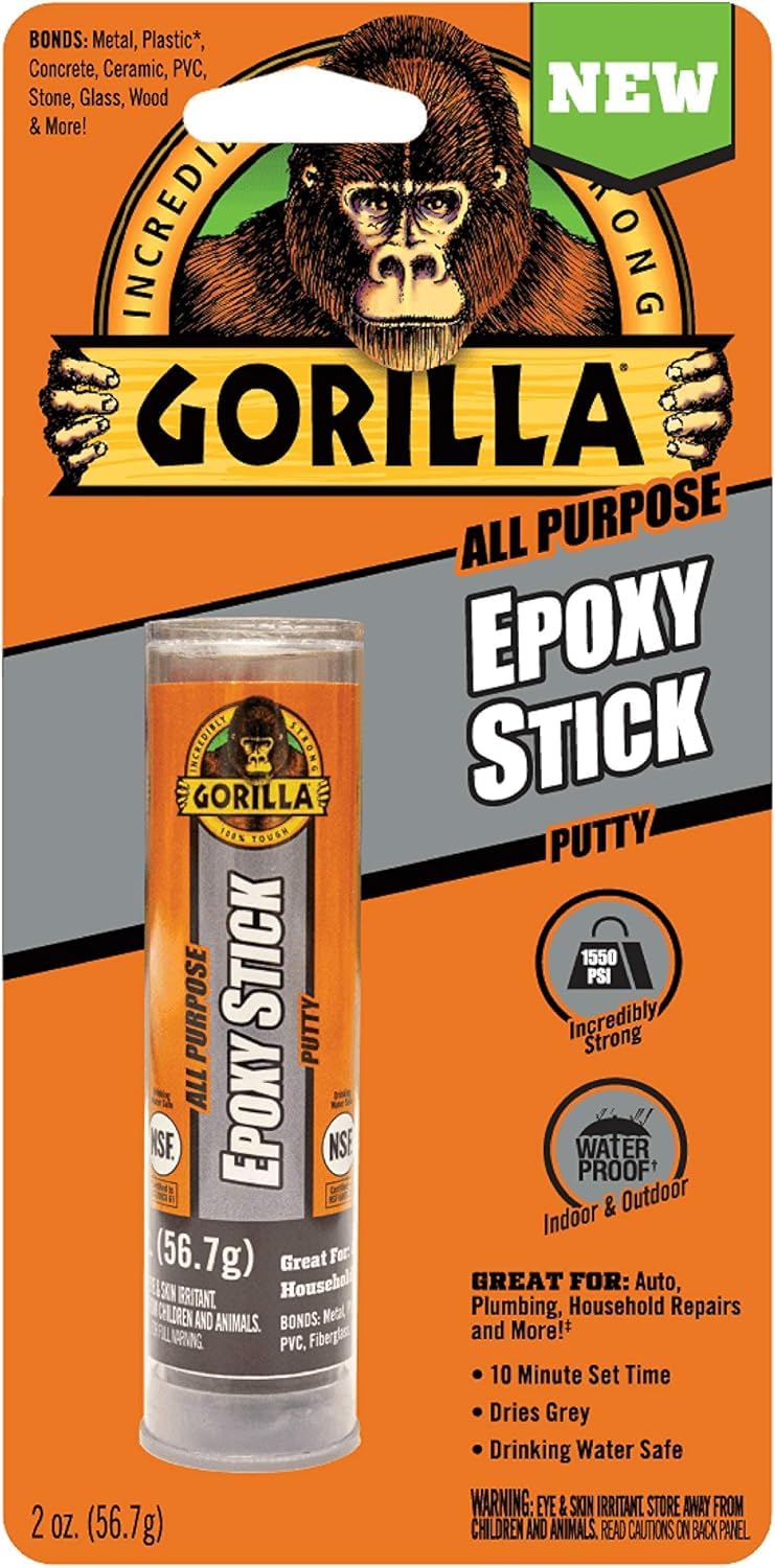 Gorilla All Purpose Epoxy Putty Stick, Adhesive, Sealer, Waterproof, Non-Rusting, Hand-Mixable, 10 Min. Set Time, 56.7g/2oz Tube, Gray, (Pack of 1), GG104484