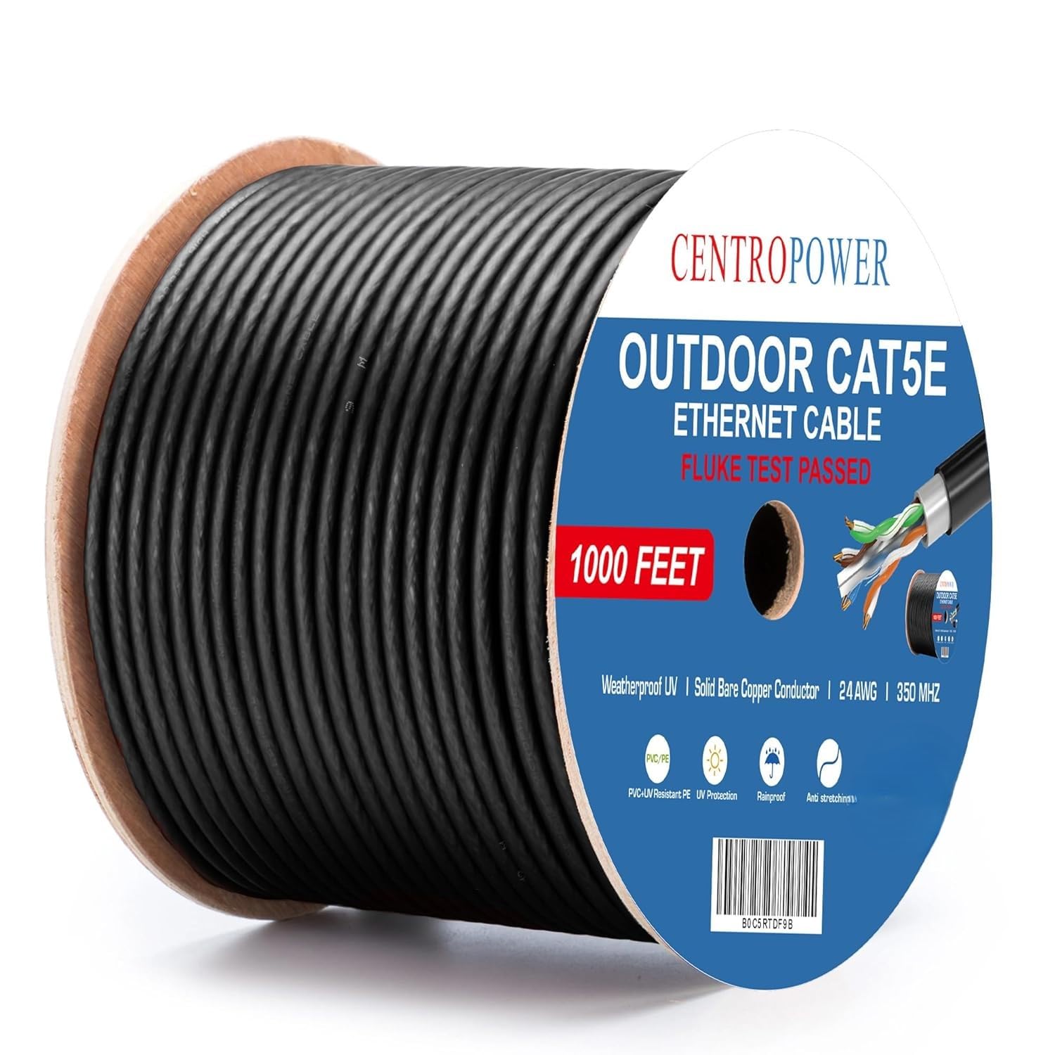 Outdoor Direct Burial Cat 5e Ethernet Cable 1000 ft, Waterproof, UV, 24AWG Solid Bare Copper Conductor, Cat 5 Long Network Cable, Black Unshielded (UTP) 350MHz, ETL Listed