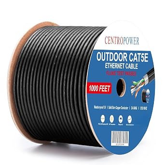 Cat 5e Outdoor Direct Burial Ethernet Cable 1000 ft, 24AWG Solid Bare Copper, Waterproof UV Resistant, UTP 350MHz, Black, ETL Listed