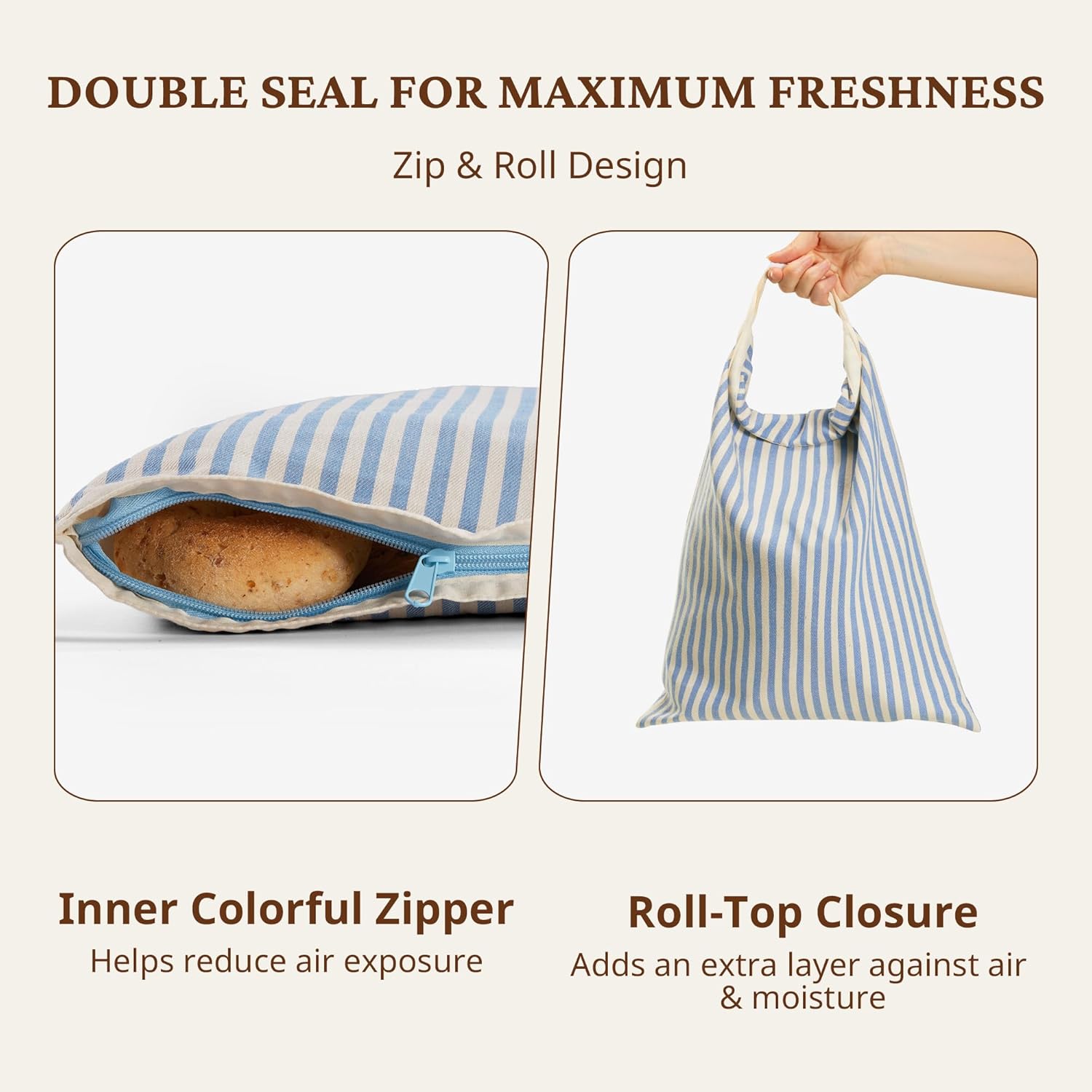 BRONYPRO Reusable Beeswax and Cotton Bread Bags with Zipper, 2-Pack Waxed Bread Bags for Homemade Bread & Sourdough, Sustainable Sourdough Loaf Storage to Lock in Freshness, Large 17x12.6in, Blue