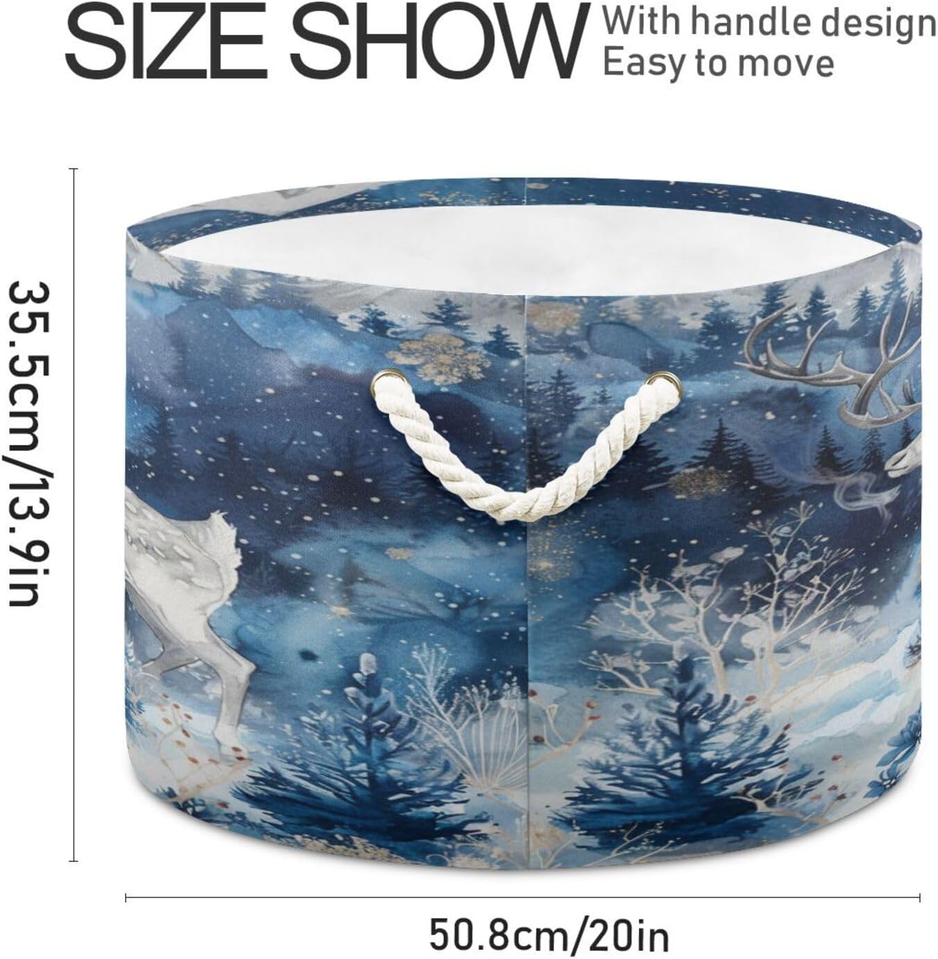 senya Winter Basket Storage, White Reindeer Snow Storage Bin Box Laundry Hamper Organizer Bag with Handles for Clothes