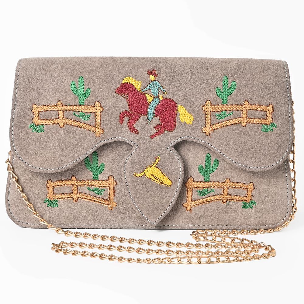 American Darling Rodeo Embroidered Suede Crossbody Bag Cowboy Gold Chain Strap