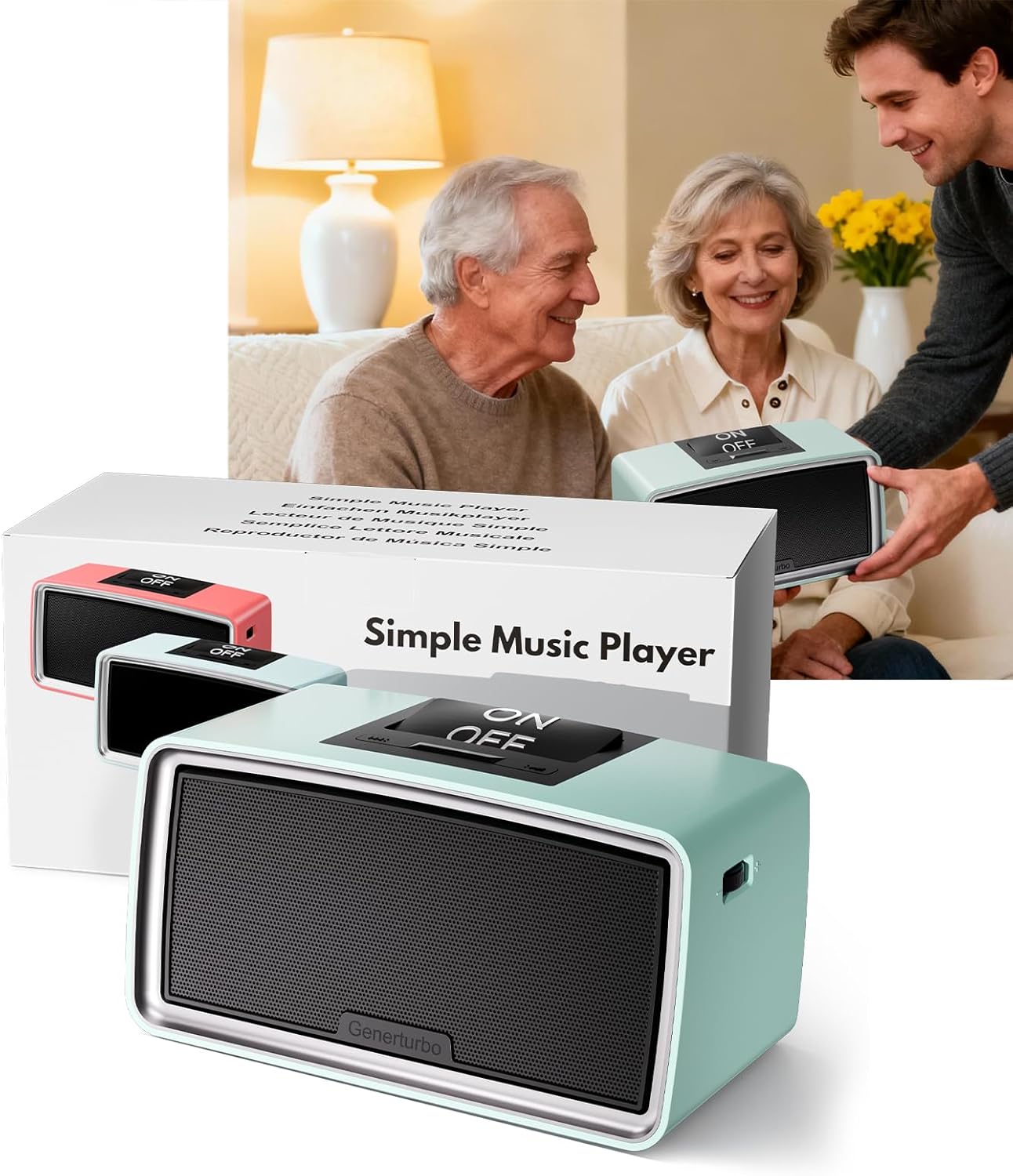 Large Button Simple Music Player for Seniors, Easy MP3 Player for Elderly, Dementia, Blind,Alzheimer's & Visually Impaired, Music Box with 32GB TF Card, One-Touch Play (Blue)