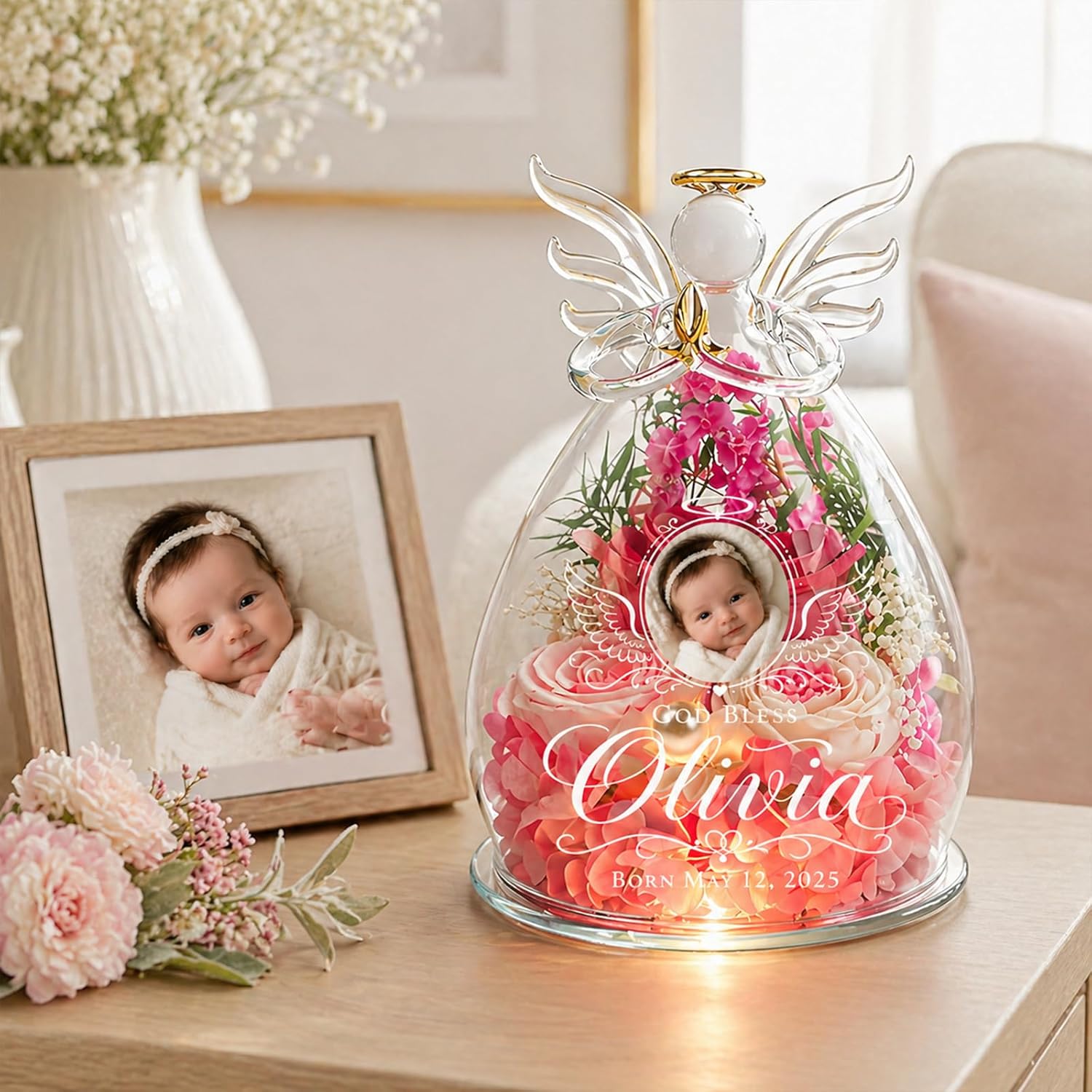 Personalized Baby Keepsake Angel Glass Dome, Custom Photo Name Date Blessing Gift with Eternal Flowers and LED Bottom Glow, Nursery Decor for Newborn Baptism Christening (Baby)
