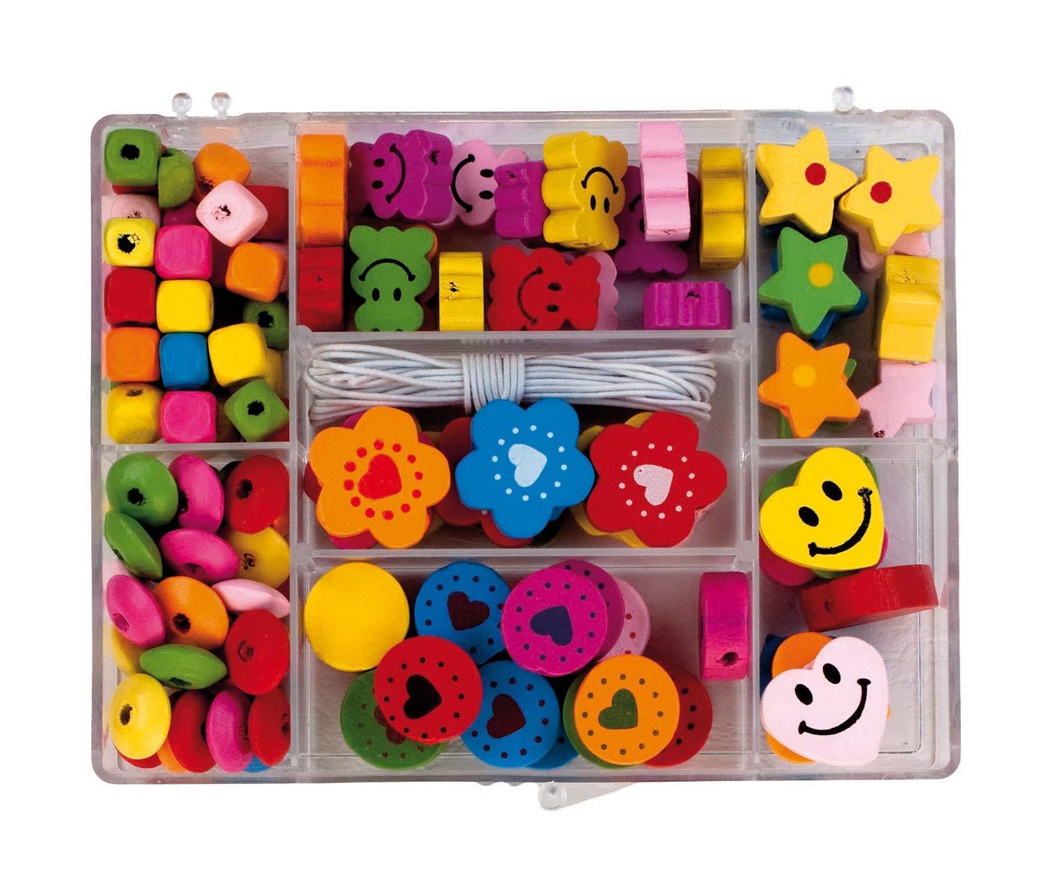 Pracht Creatives Hobby- Cuentas de Madera en Diferentes Formas y Colores Surtidos, con cordón Blanco para enhebrar, Ideal para Manualidades y diseño de Cadenas, Pulseras y Otras Joyas. (0855-161)