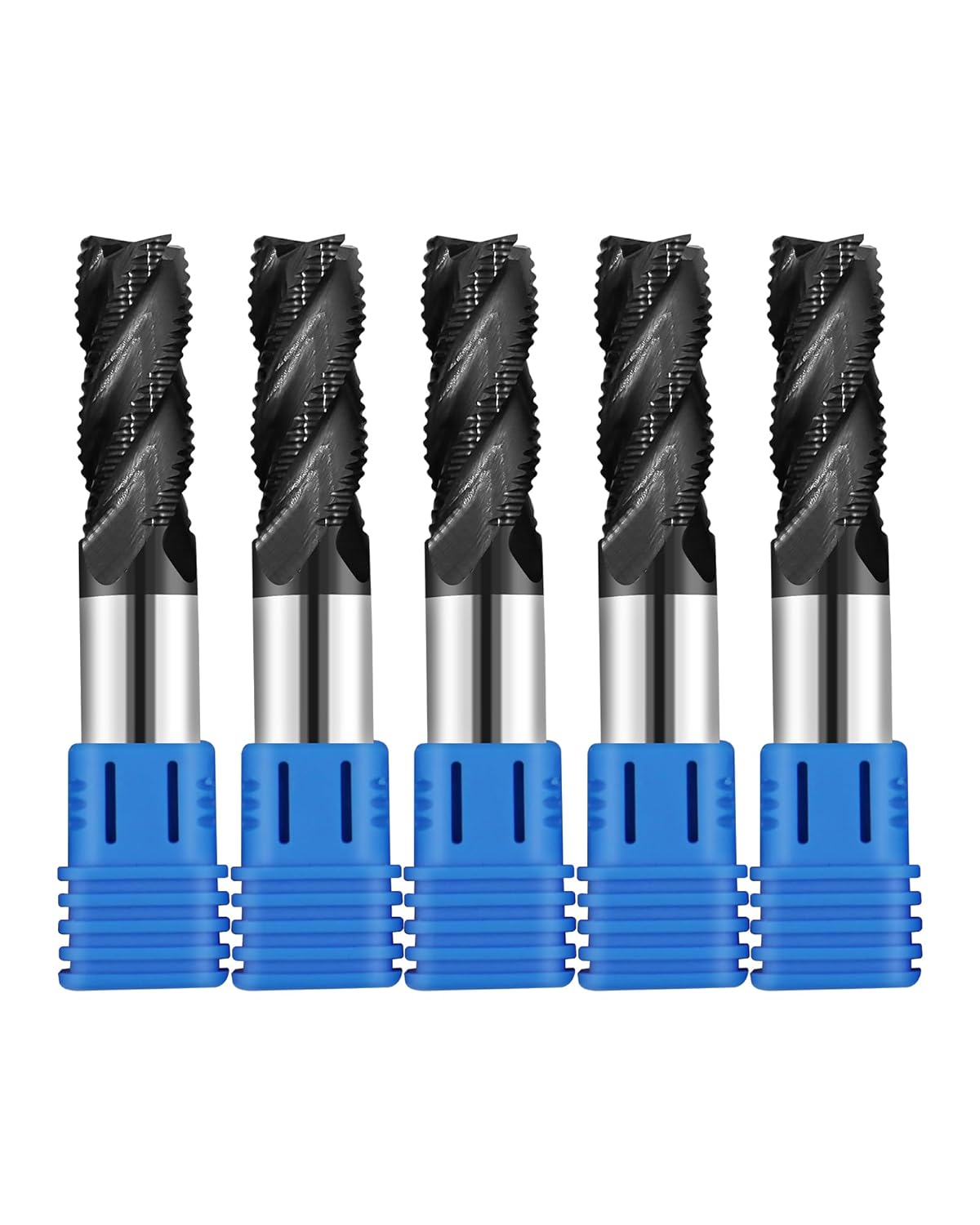 5Pcs 1/2in Solid Carbide Roughing End Mills，4 Flute, 35 Degree Helix Bits Tool for Medium Hardness Steel, Brass, Iron