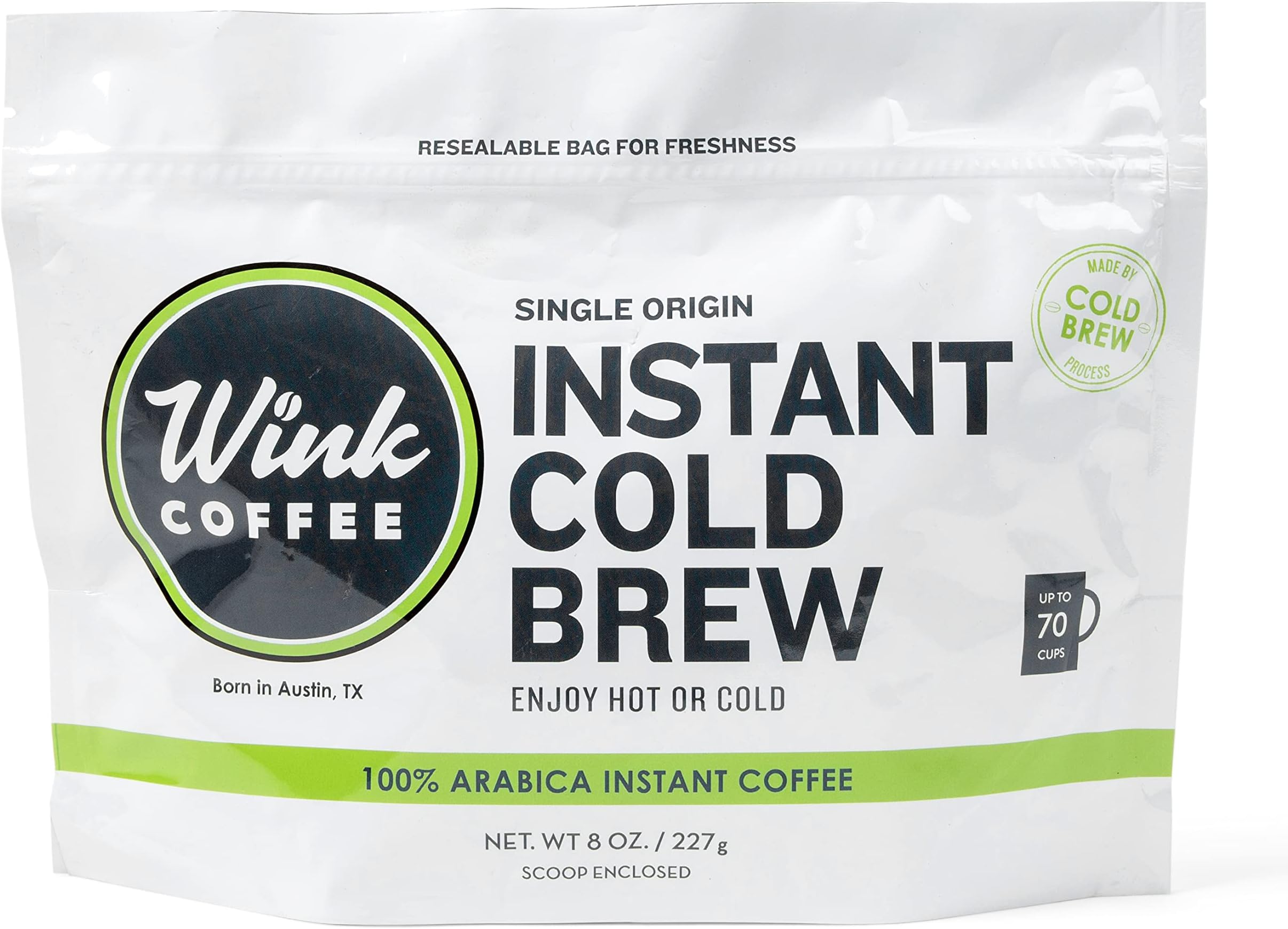 Wink Coffee Premium Cold Brew Instant Coffee - 100% Arabica Medium Roast - Smooth and Balanced Flavors - Up To 70 Cups Per Bag