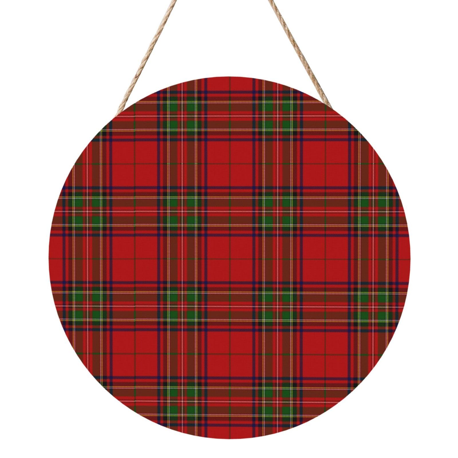 InOmak Red Scottish Pattern, Round Wood Panel Painting 12 in, Wall Hanging Painting For Home