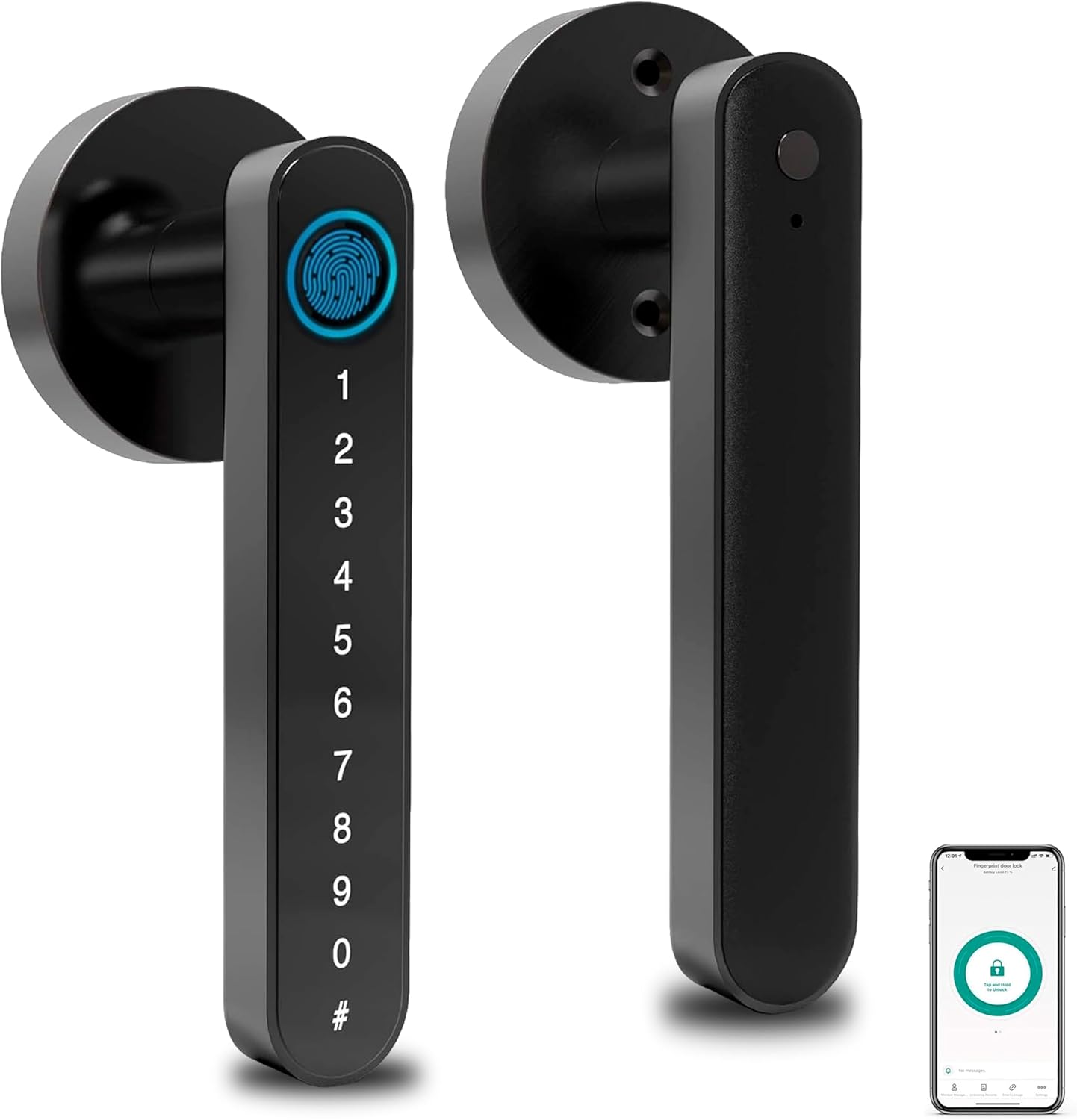 PD-YXZ01 Smart Fingerprint Door Knob, Keyless Entry with Passcode & App Control, 5-in-1 Unlock (Fingerprint/Keypad/RFID Cards/App/Keys), Black, Battery Powered, Easy DIY Install