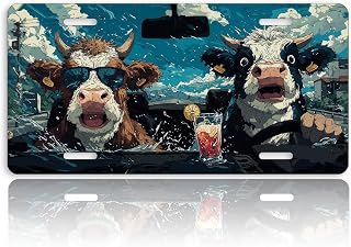 Funny Cow Front License Plate for Women Cartoon Animals Driving Car Comic Style Car Vanity Plates Decorative Aluminum Metal Cute Novelty License Plate 6x12 Inch (4 Holes)