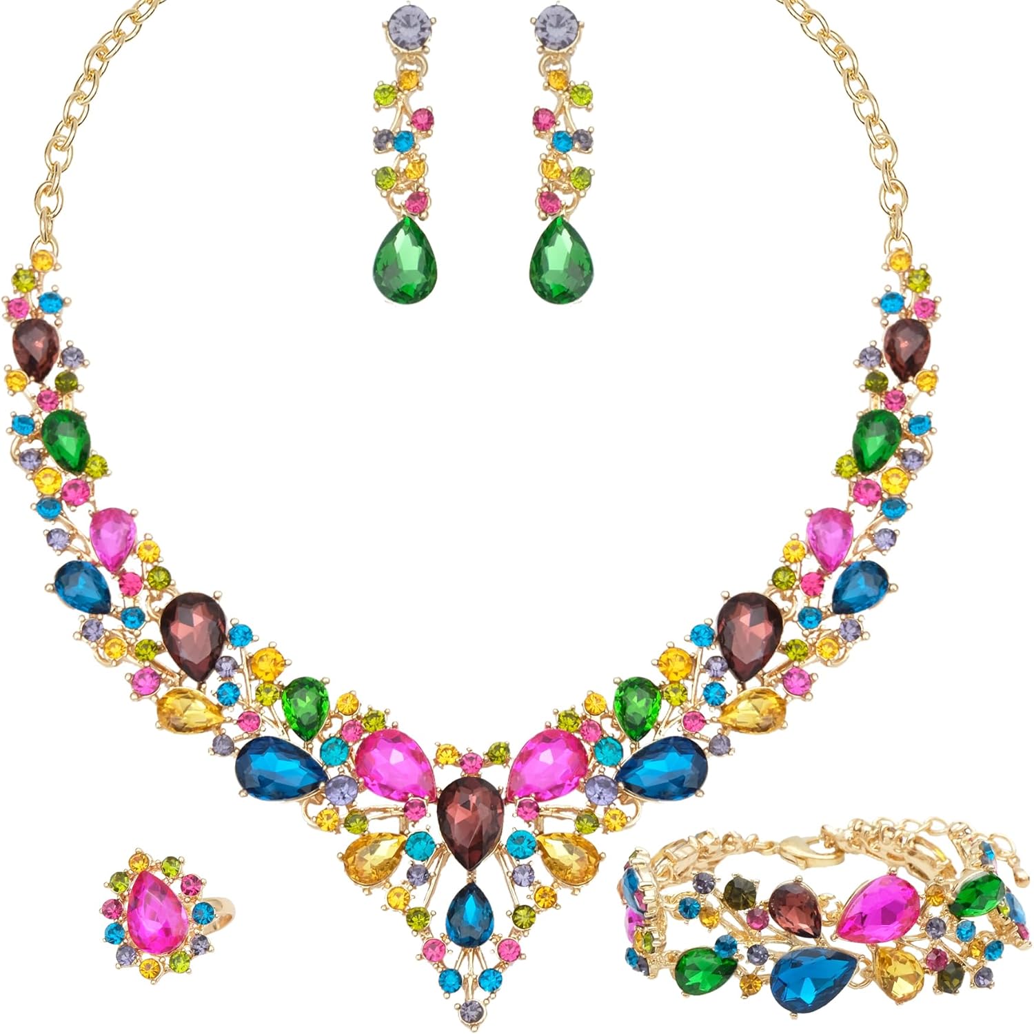 CSY 4 Pcs/Set Austrian Crystal Necklace Earrings Bracelet Ring Bridal Jewelry Sets for Brides Wedding Party Costume Accessories Gifts for Women