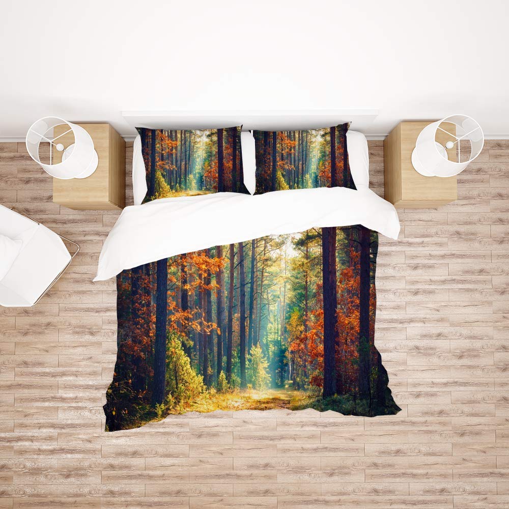 Linge de lit King motif forêt : parure de lit 3 pièces aux finitions durables