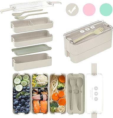 Edtsy Bento box for kids and adults with Dividers 1100 ml - Leakproof lunchbox with utensils - Lunch Solution Offers Durable, Leak-Proof, On-the-Go Meal and Snack Packing (Beige)