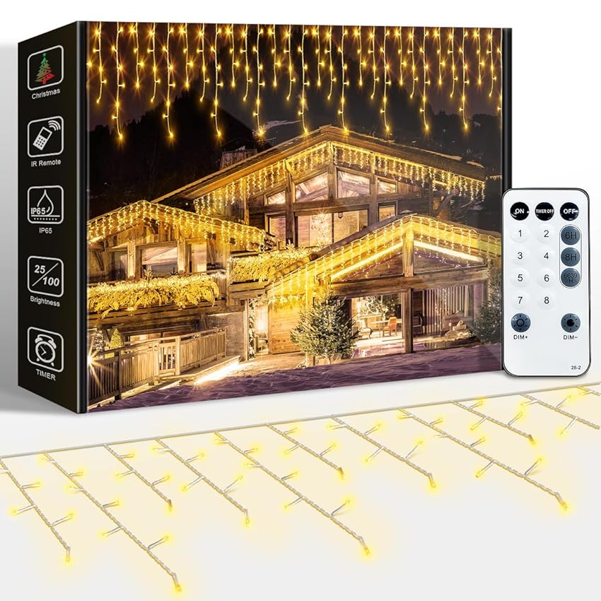 ARKOCHIC 10M Luci Natale Esterno Cascata, 320 LED Tenda Luminosa Natale Bianco Caldo Luminarie Natalizie da Esterno con 8 Modalità, Memoria, Luci Decorazioni Natalizie per Casa, Balcone, Finestra