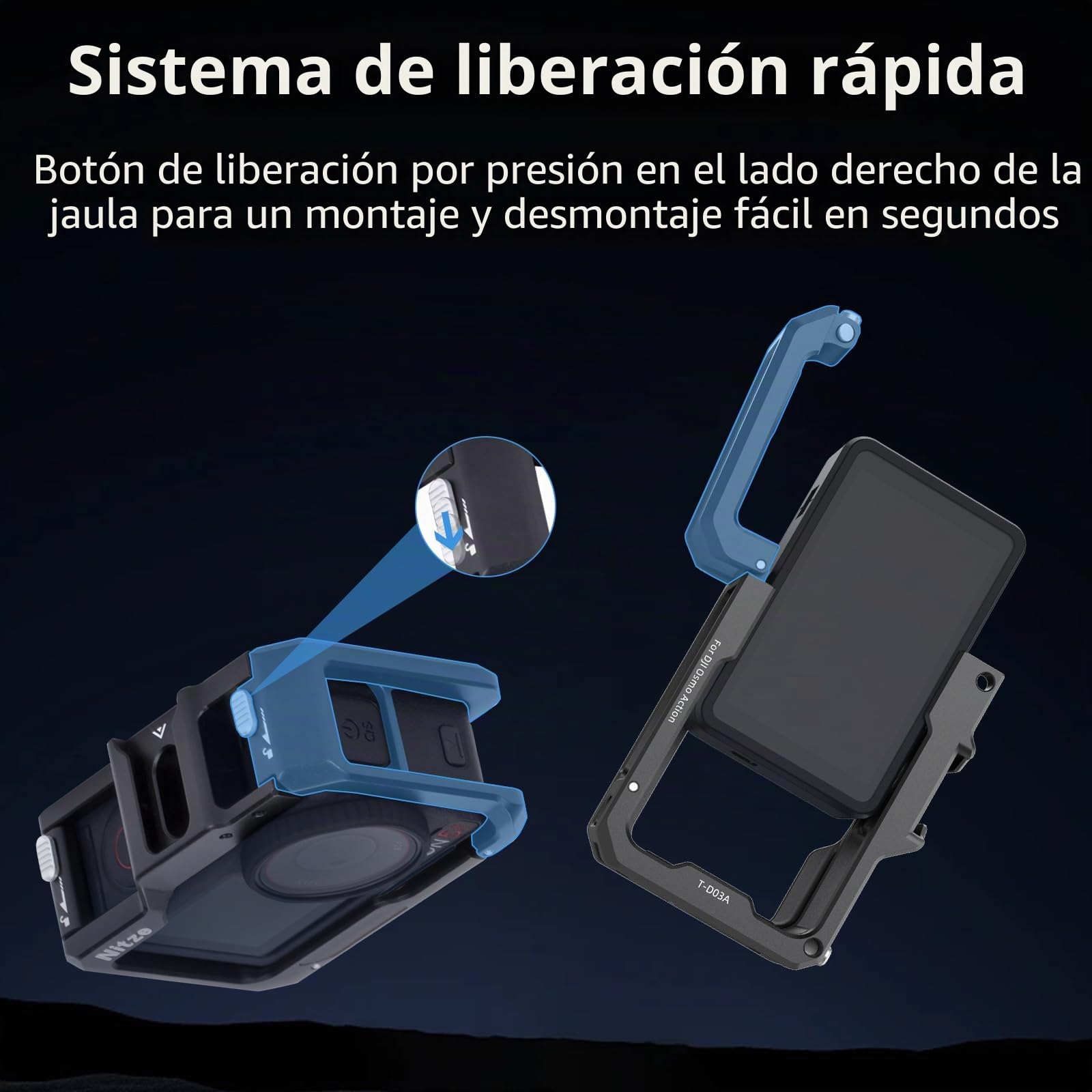 Nitze Jaula para DJI Osmo Action 5 Pro, Action 4, Action 3, jaula de metal de aluminio con interfaz magnética, orificio de rosca de 1/4", zapata fría para micrófono o luz LED de vídeo - T-D03A