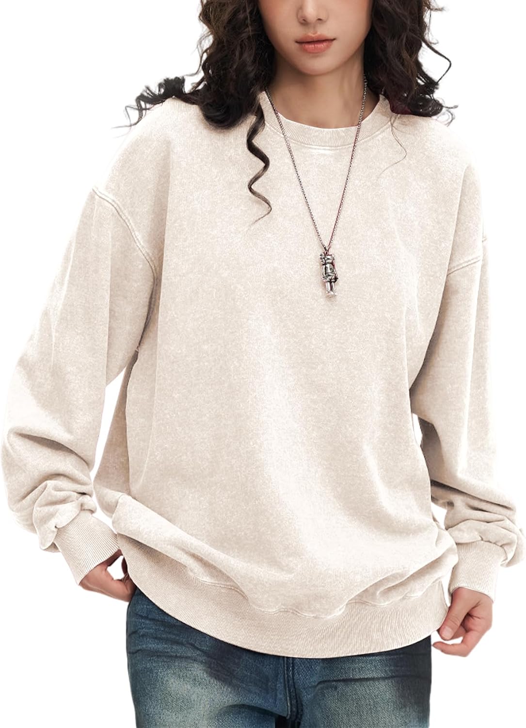 Wyeysyt Oversized Sweatshirt for Women Vintage Loose Fit Cotton Sweatshirts Crewneck Baggy Acid Wash Pullover Teen Y2k