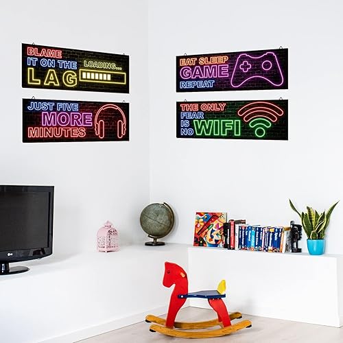 Miniatura 4 de 4 piezas de decoración de juegos de neón para habitación de niños, arte de pared de videojuegos de madera, citas motivacionales, placas colgantes