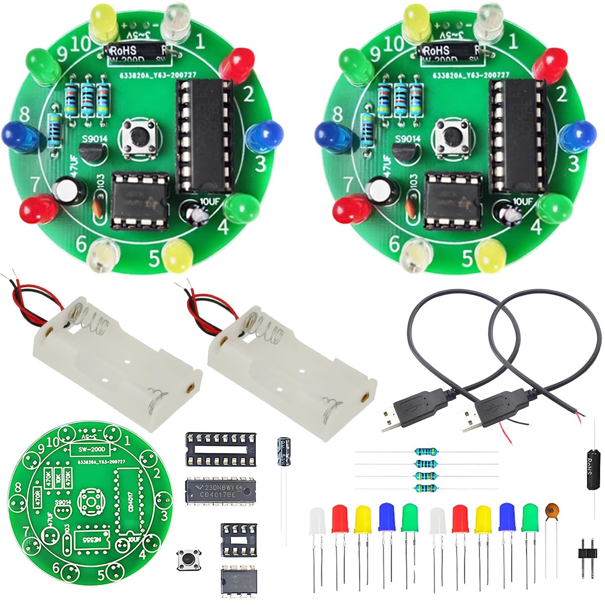 Kit de práctica de soldadura DIY de 2 piezas, rueda de la suerte LED con luz, placa de montaje de soldadura electrónica, botón, control por interruptor de vibración, giro aleatorio y parada