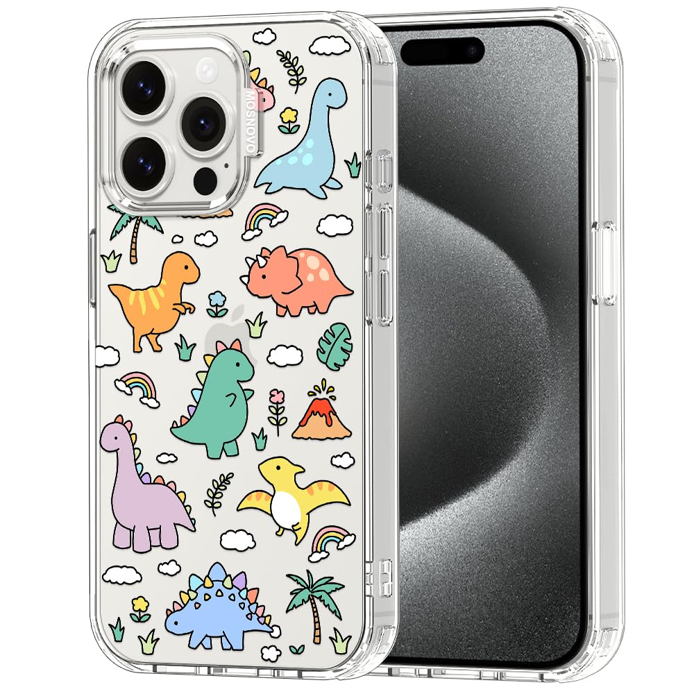 MOSNOVO Case for iPhone 15 Pro Max, [Buffertech 6.6ft Military-Grade Drop Protection] [Anti Peel Off Tech] Clear TPU Bumper Phone Case Cover Design - Dinosaur Land