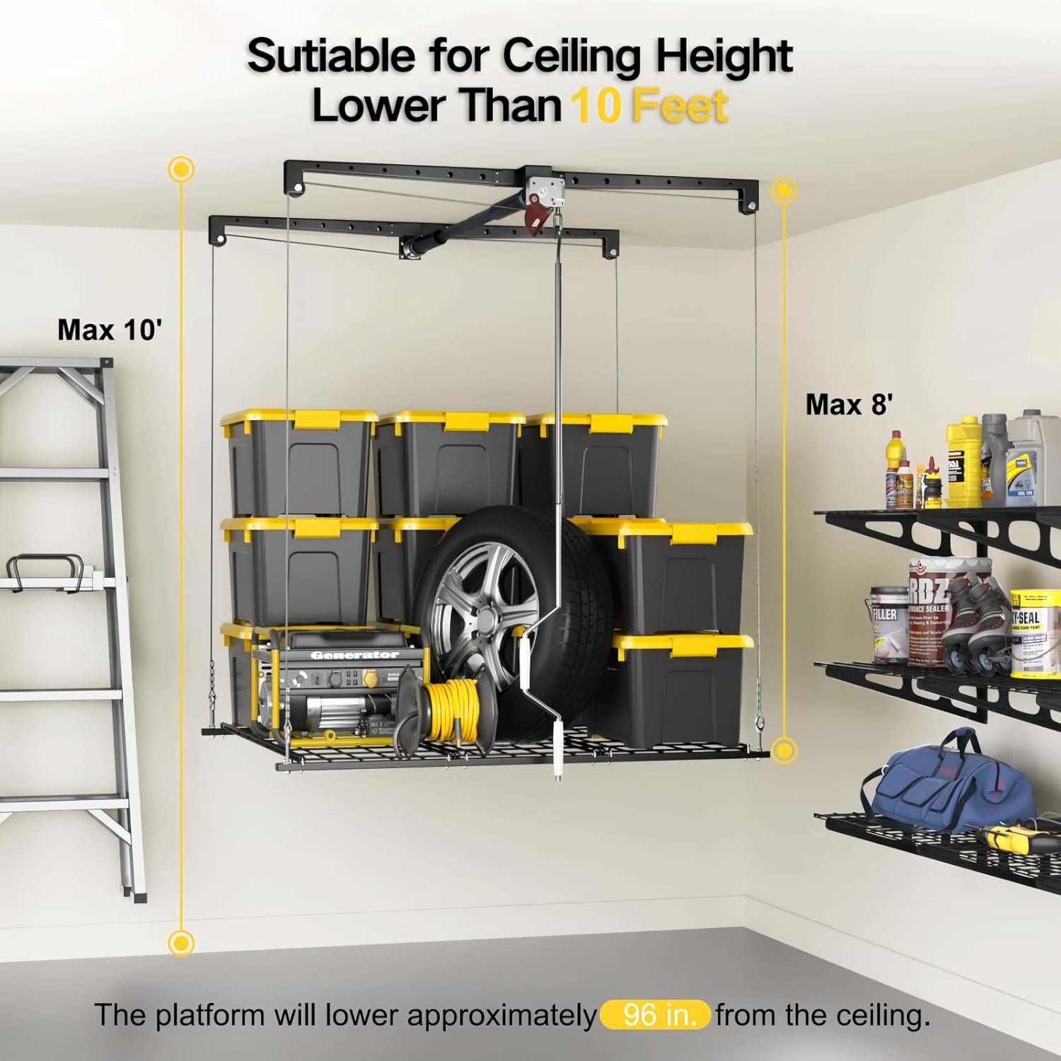 Overhead Garage Storage Rack for 8-10ft Ceiling, Heavy-duty 4x4 FT Garage Ceiling Storage Racks with Safety Lock, Ideal for Storage Mounted Lift System and Storage Organizer, 250lbs Capacity - Image 2
