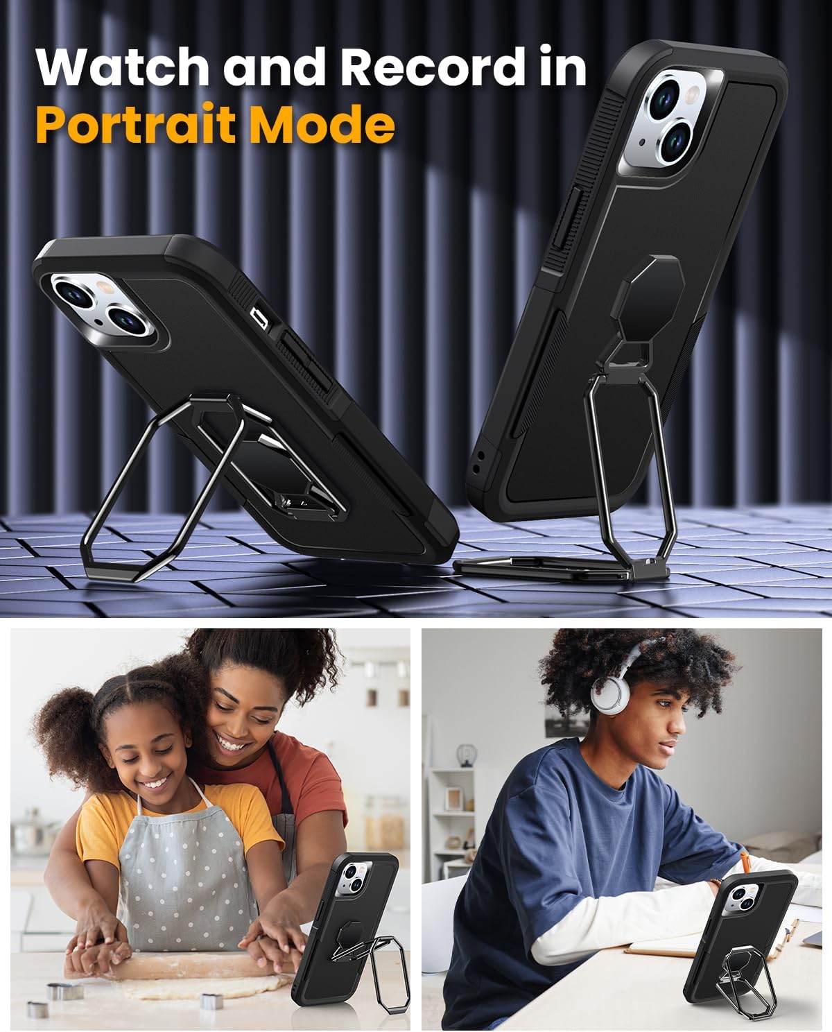 Shields Up for iPhone 13 Case with Stand (Two-Way Stand), 14 Phone Case with Double Ring Holder, Heavy Duty Shockproof Cover for iPhone 13/iPhone 14 - Black - Image 3