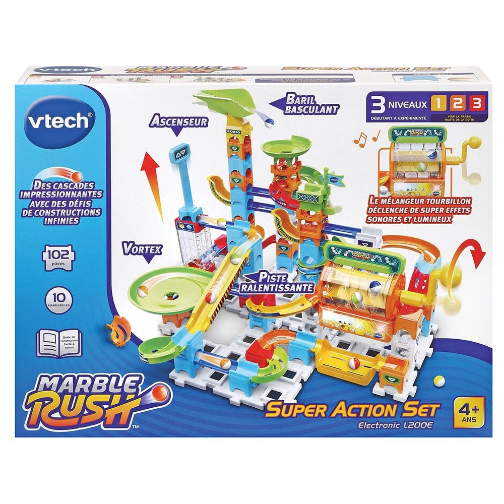 VTech - Marble Rush, Circuit à Billes Électronique Super Action Set Electronic L200E, Jeu de Construction, 102 Pièces, 10 Billes, Cadeau Enfant Dès 4 Ans - Contenu en Français