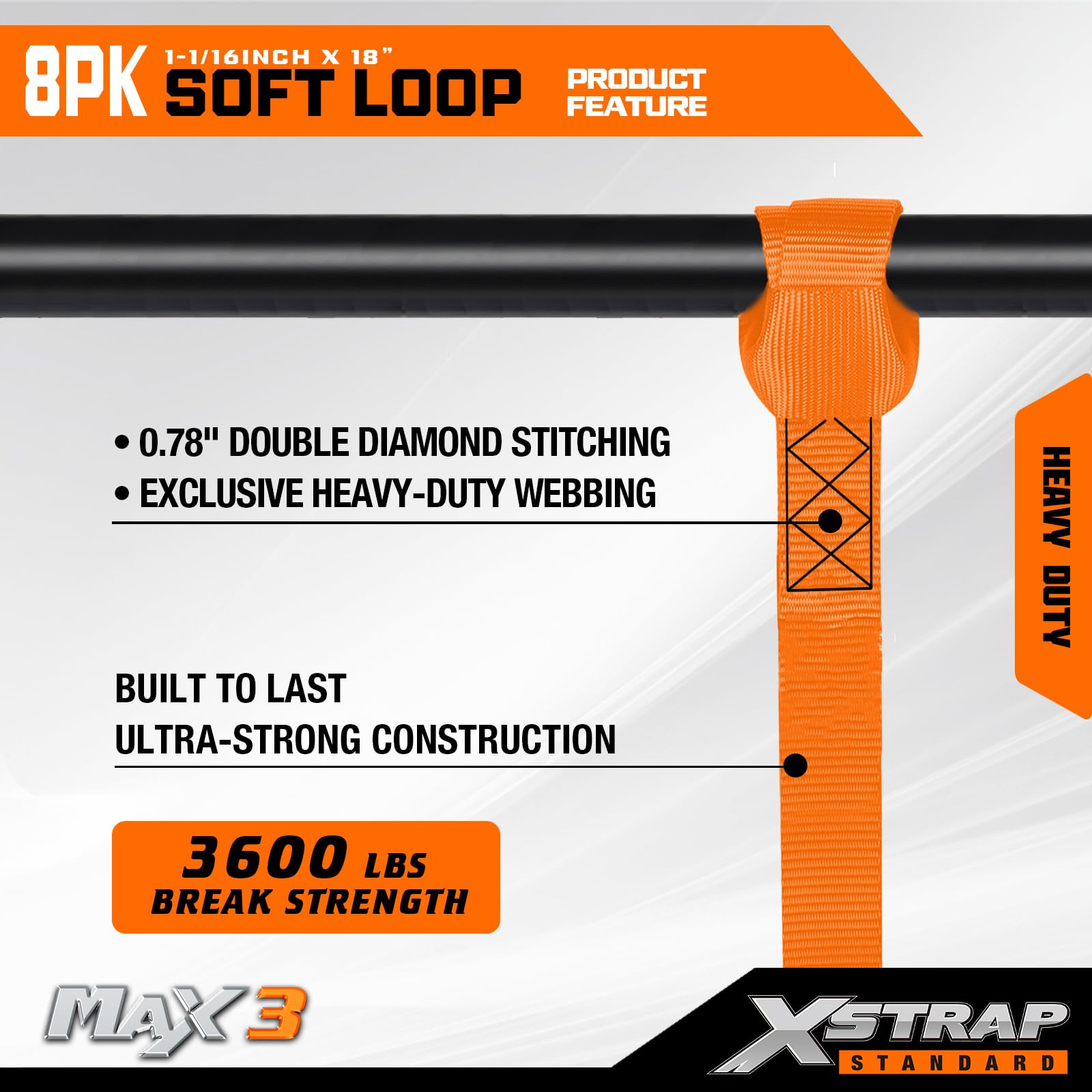 XSTRAP STANDARD Miękkie paski mocujące z pętelką, 8 szt., wytrzymałość na rozerwanie 1-1/40 x 45 cm - 1,632 kg, pętle do zabezpieczania przyczep rowerów, ATV, UTV, motocykli, skuterów, motocykli crossowych, sprzętu do trawnika, pomarańczowe