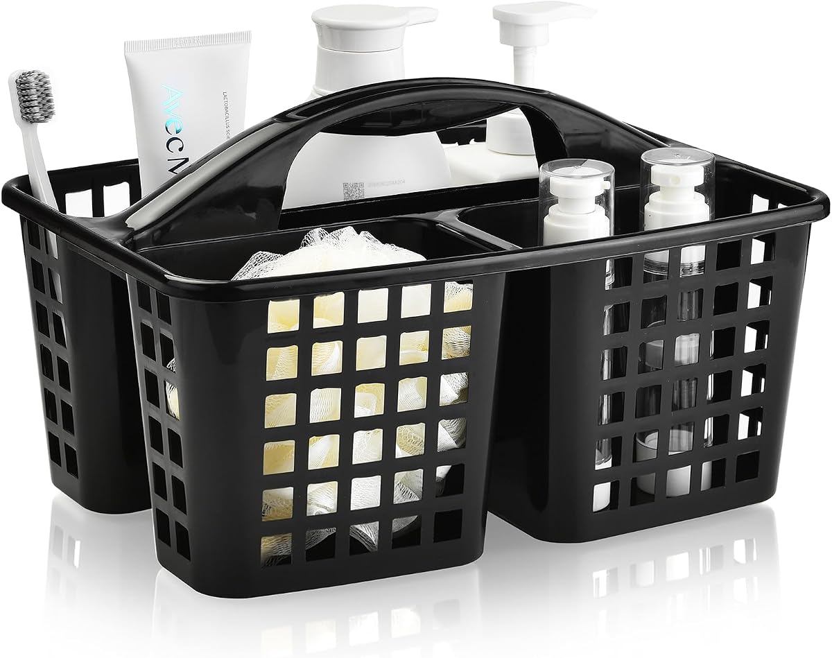 Plastic Shower Caddy Basket with Compartments, Portable Divided Cleaning Supply Storage Organizer with Handle for College Dorm Bathroom - Black