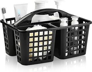 ALINK Plastic Shower Caddy Basket with Compartments, Portable Divided Cleaning Supply Storage Organizer with Handle for College Dorm Bathroom - Black