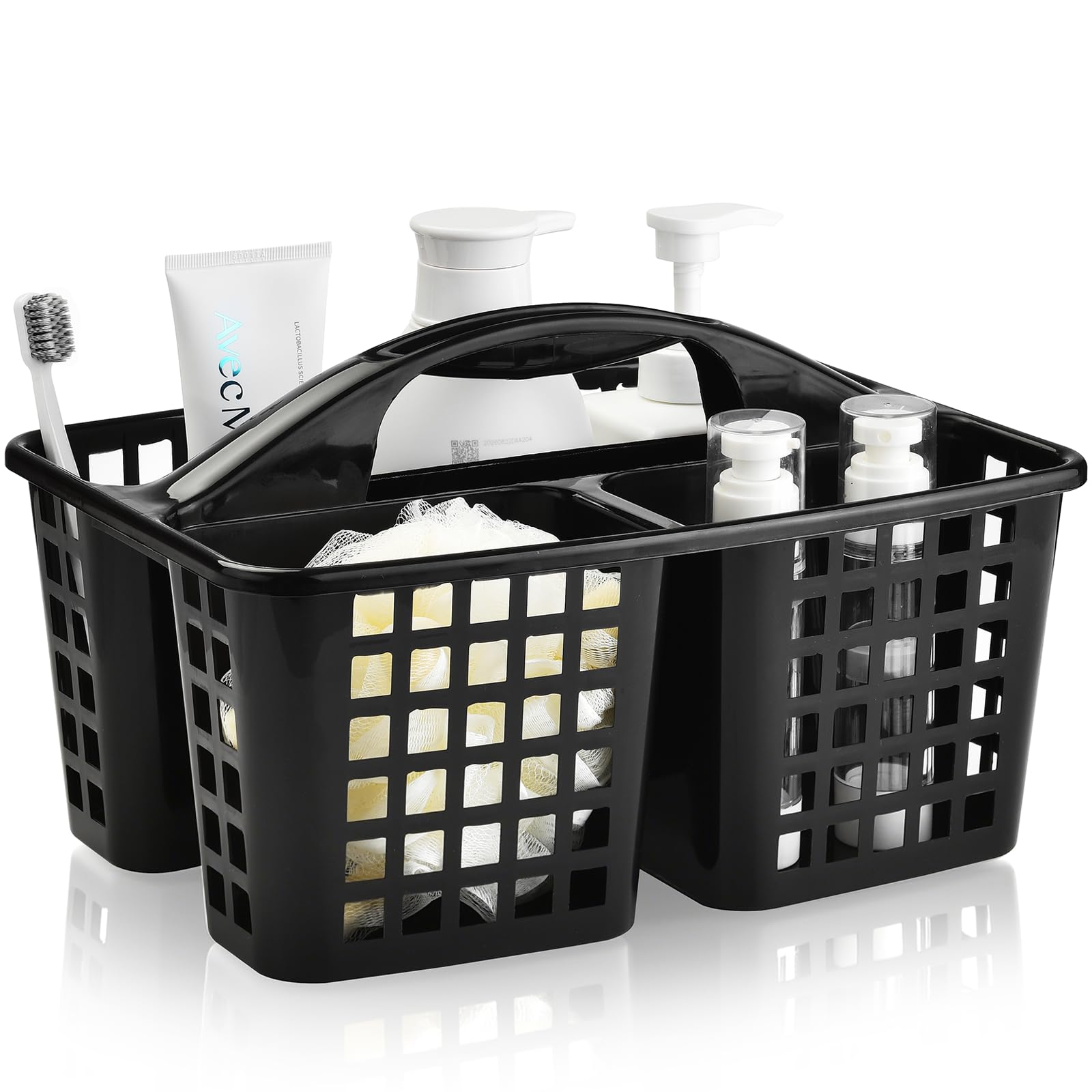 ALINK Plastic Shower Caddy Basket with Compartments, Portable Divided Cleaning Supply Storage Organizer with Handle for College Dorm Bathroom - Black