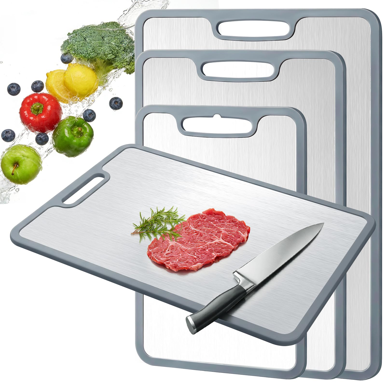 3 Stück Schneidebrett Titan Set, Schneidebrett Edelstahl mit Rutschfesten | Silikonecken Doppelseitiges & BPA Frei, Stainless Steel Cutting Board für Gemüse Fleisch Obst Brot Fisch Käse