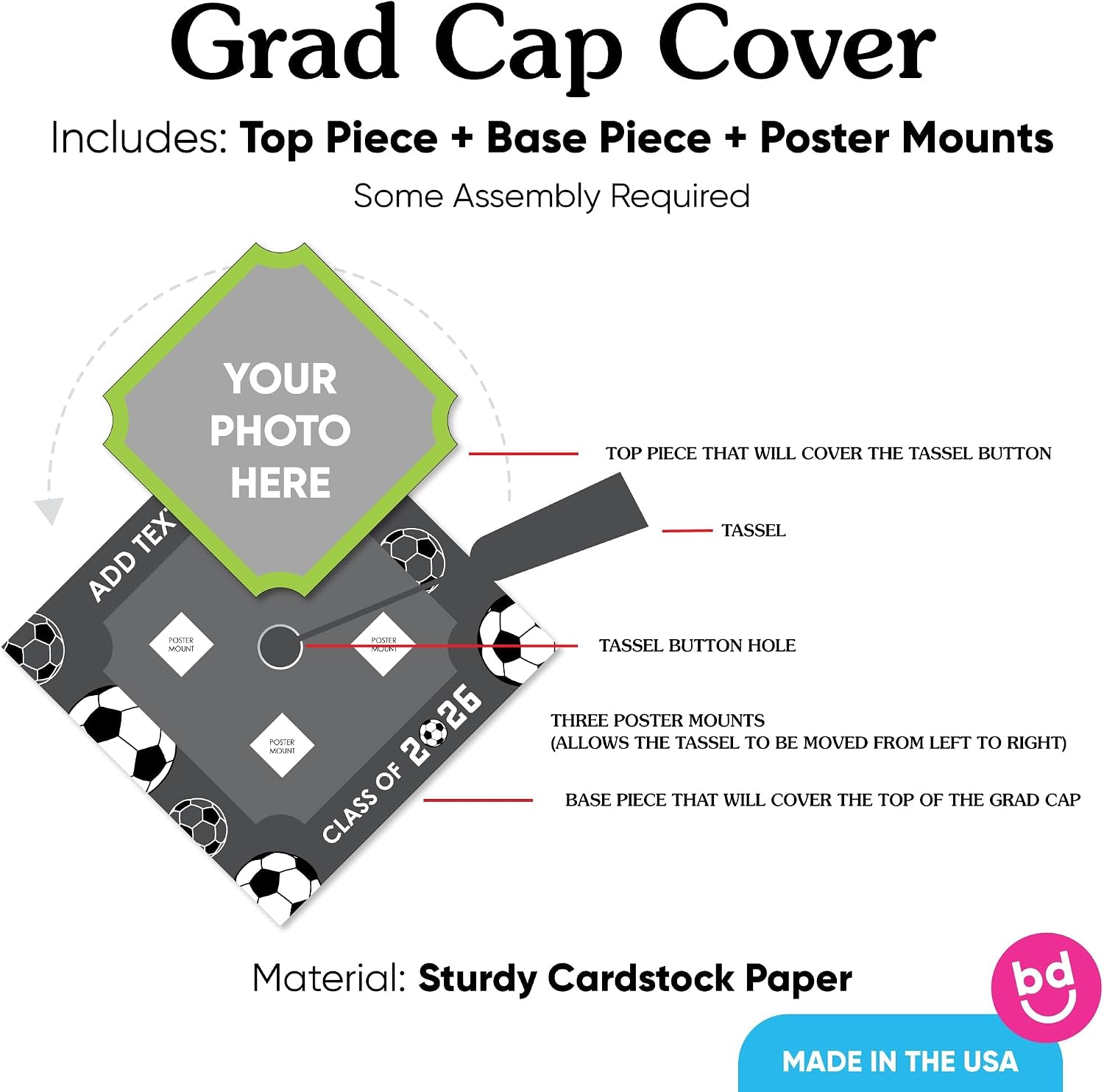 Big Dot of Happiness Custom Photo Soccer 2026 Grad Cap Cover, Personalized Graduation Cap Decorations Kit for High School or College - 1 Count