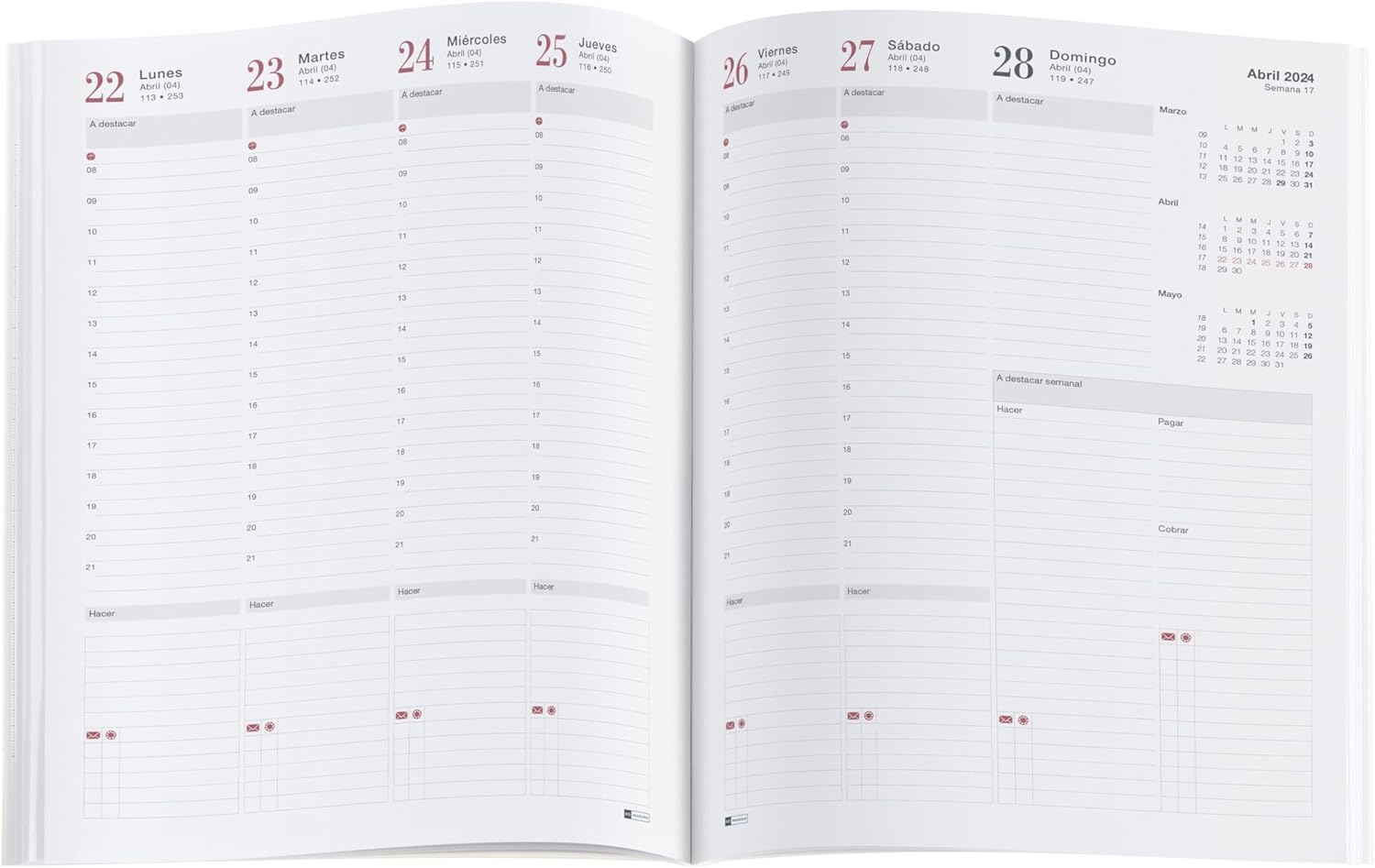 Miquelrius - 2024 Annual Diary Refill, Vertical Week View, Plus Size 155 x 213 mm (Similar A5), Spanish, Portuguese and English