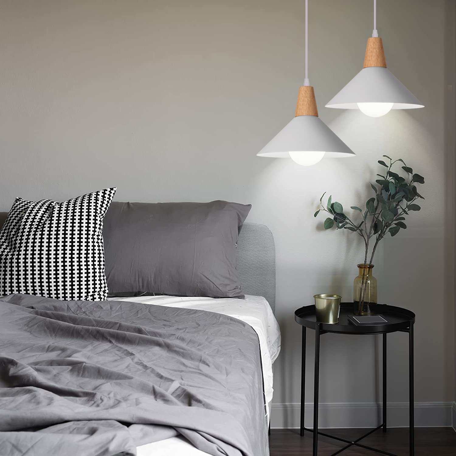 Lampada a Sospensione Retrò LED Lampada a Soffitto in Legna Metallo Moderna Lampadario a Scandinavo Plafoniera per Soggiorno Sala Da Pranzo Camera,25cm (Bianco 2 Pezzi)