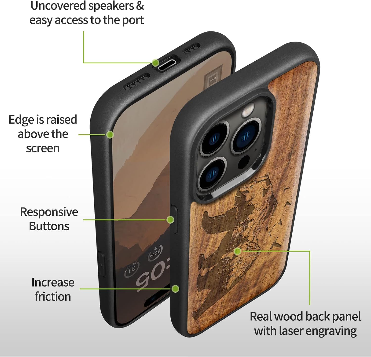 Carveit Magnetic Wood Case for iPhone 14 Pro - Natural Wood & Black Soft TPU - Shockproof Protective Cover - Unique & Classy Wooden Case - Compatible with MagSafe - Bear and Valleys - Walnut