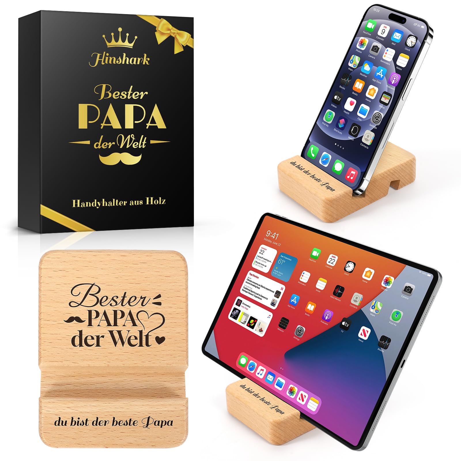 Hinshark Vatertagsgeschenk für Papa, Tablet Handy Ständer aus Holz, Vatertagsgeschenk für Papa Geschenk Vatertag Personalisiert, Männertag Bester Papa Männer Geschenke für Papa