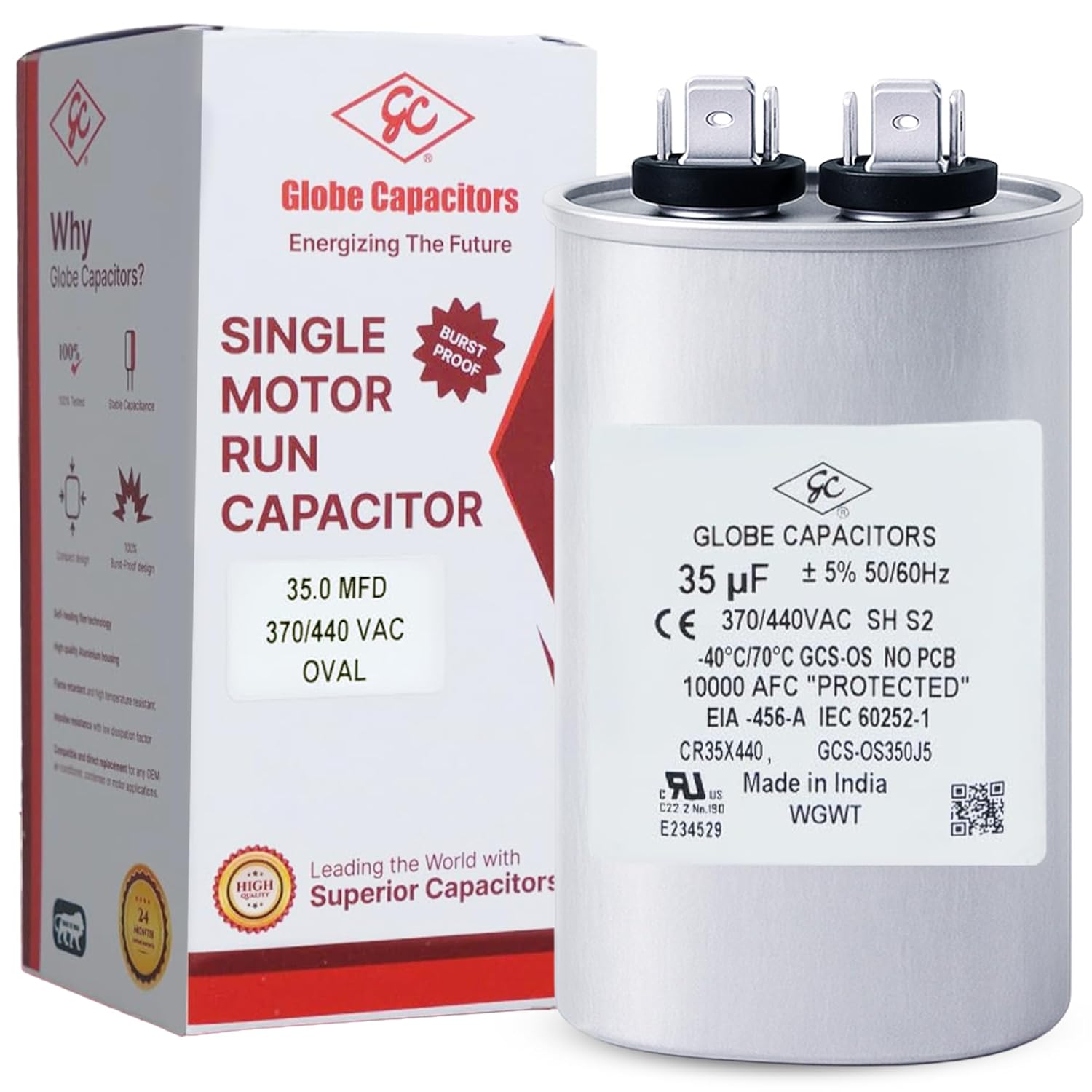 ControlGear Globe 35uF 370/440V Oval Motor Run Capacitor - UL Recognized CBB65, 3X Longer Life for HVAC Compressors