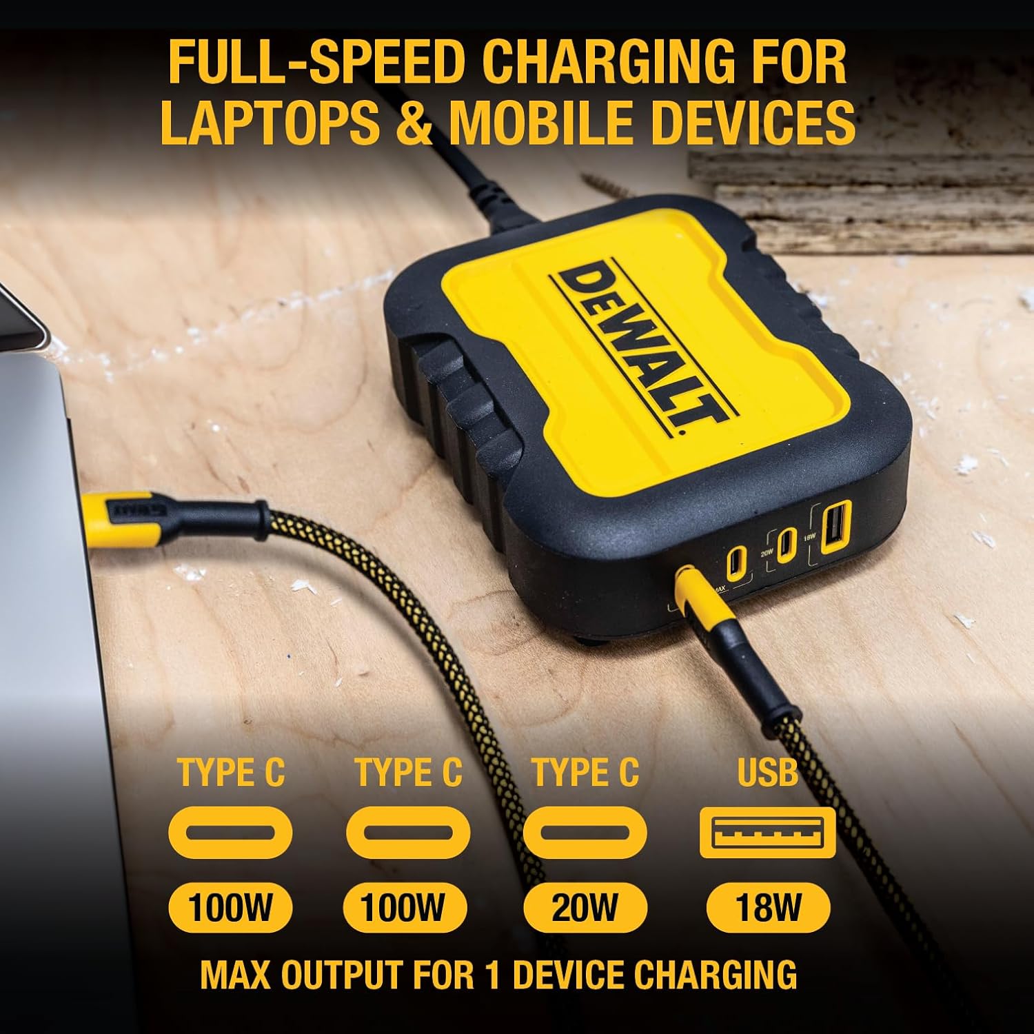 DEWALT Power & Charging Bundle – 100W 4-Port USB Charger Block & Braided USB-C to USB Cable