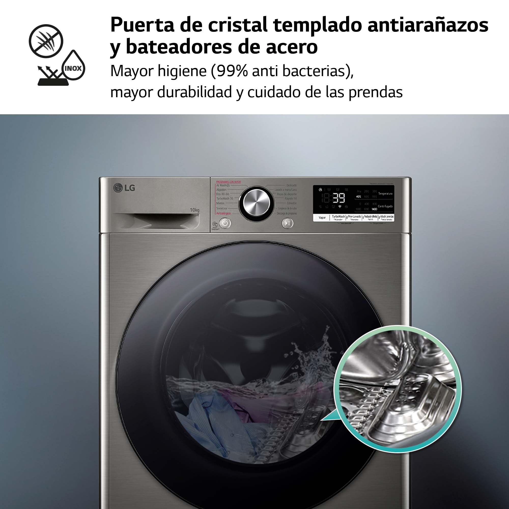 LG F4WR7010AGS - Lavadora Inteligente, 10kg, AI Direct Drive, 1400rpm, Carga Frontal, TurboWash 360º, Casificación A, Serie 700, Inox Grafito