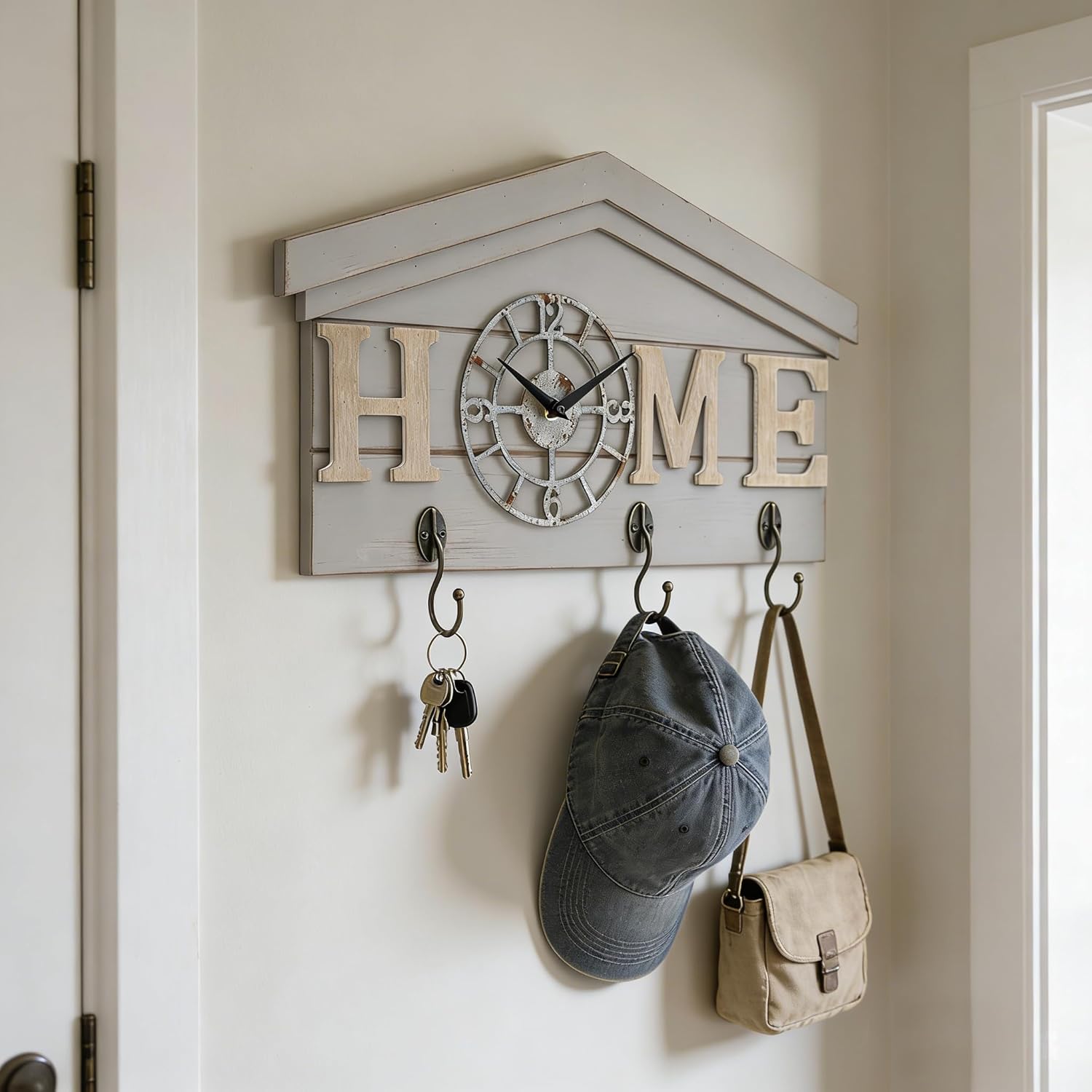Farmhouse Battery Operated Wall Clock with Hooks Rustic Wooden Entryway Organizer with 3 Metal Hooks Key Hanger HOME letters Silent Quartz Clock Key Holder Wall Decor for Entryway Kitchen, Living Room
