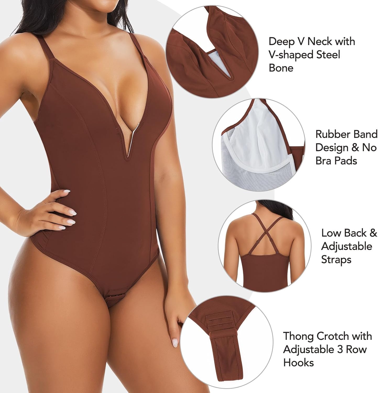 SHAPERIN Women's Deep V Neck Bodysuit Double Lined Plunge Tummy Control Shapewear Thong Body Suits Backless Cami Tank - Image 3
