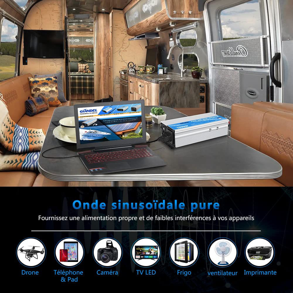 GIANDEL 1000W Convertisseur 12V 220V Pur Sinus pour RV Voiture de Camion Onduleur 230V 240V Transformateur Onde Sinusoïdale Pure avec Télécommande 2.4A USB Ports