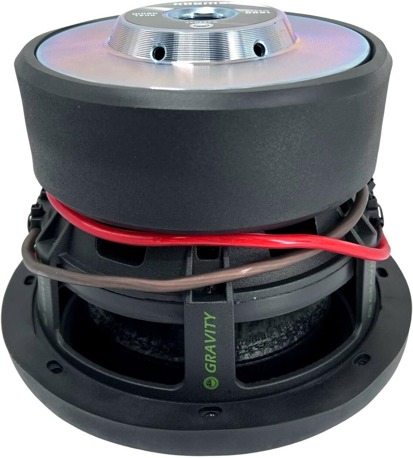 Rear view of the Gravity Warzone 8-inch subwoofer showing the magnet and terminals