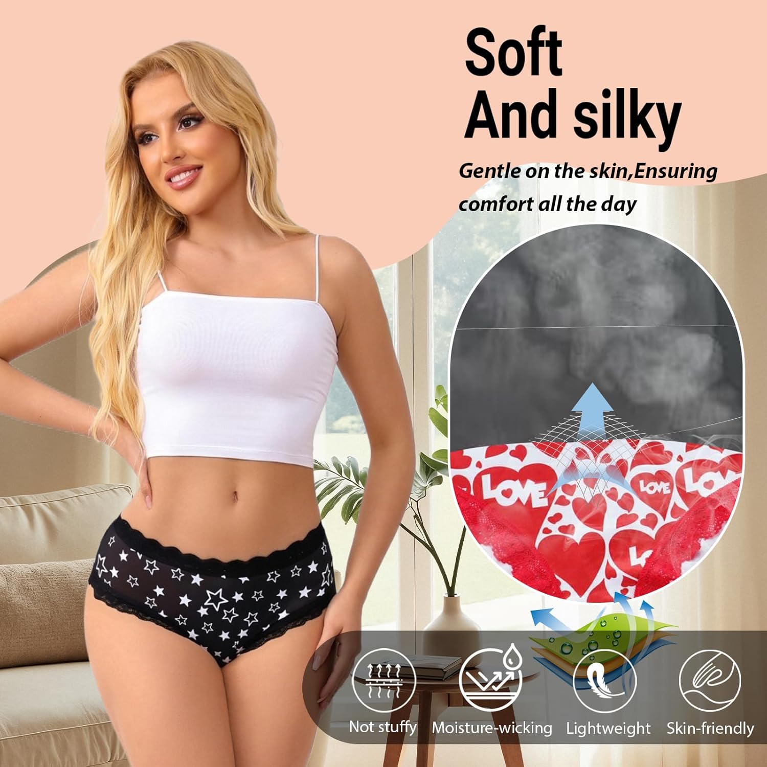 Women's Gothic Lace Hipster Panties 5~6Pack:Moon Eyes Mystical Print,Black Low Rise Bikini Soft Comfy Sexy Underwear - Image 4