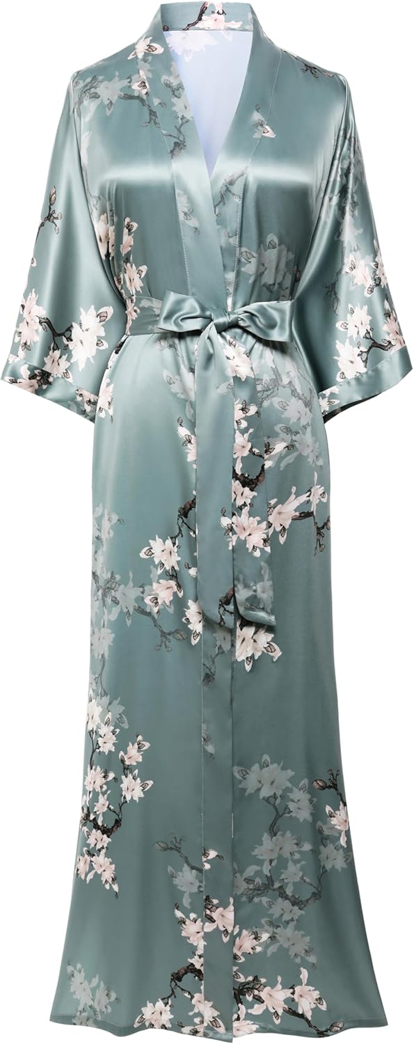 BABEYOND Floral Kimono Robe - Satin Silk Wedding 1920s Women Nightgown Sleepwear - 53 Inches Long