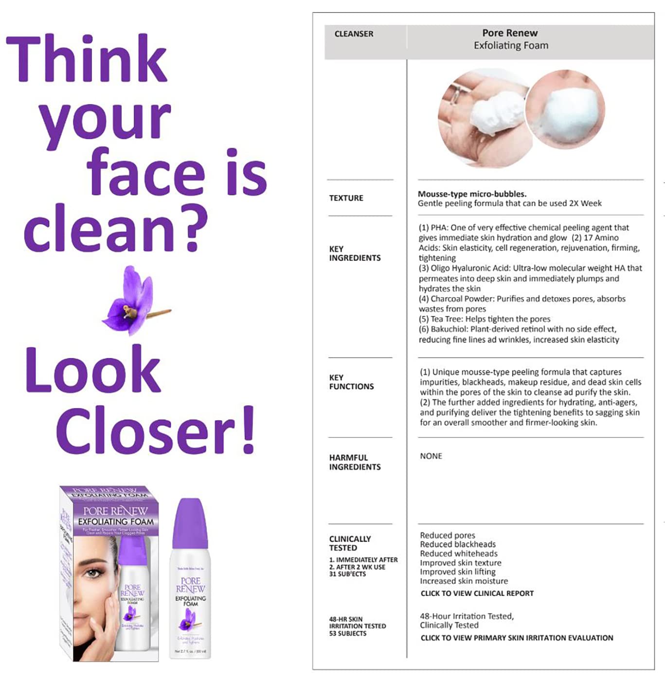 Pore Renew 2.7 fl. oz. / 80 ml Exfoliating Foam, Deep Facial Cleanser that Peels, Hydrates, and Tightens Facial Skin for a Fresher, Smoother, and Firmer Looking Complexion in Minutes