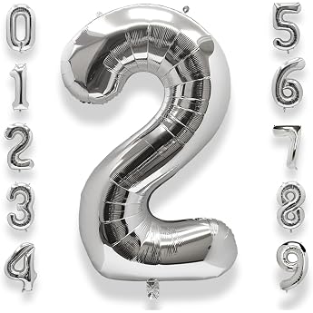 AULE Number Balloon 2 Silver XXL 101 cm Numbers Foil Balloon Birthday Silver 2 Years Helium Balloon Number Balloon for Anniversary Decoration