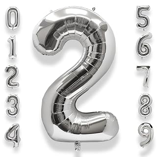 AULE 40 Inch Big Silver 2 Balloon Number Large Foil Helium Number Balloons 0-9 Jumbo Giant Happy 2nd Birthday Party Decorations for Boy or Girl Huge Mylar Anniversary Party Supplies