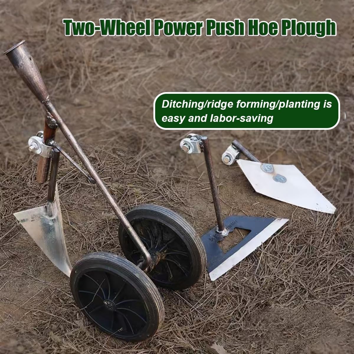 3-in-1 Double-Wheel Power Push Hoe Plough, Weeding and loosening Cleaning Tools, Multifunctional Two-Wheel Power Push Hoe Plough for Digging Weeding, Planting and Gardening Tools