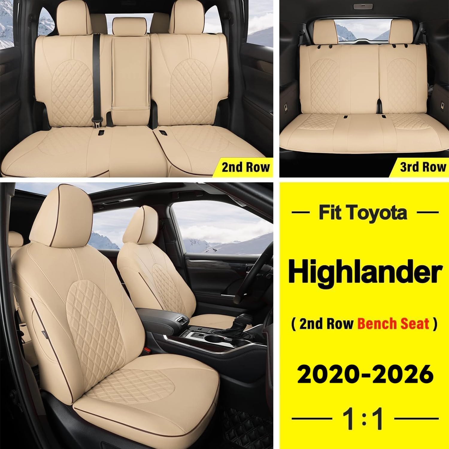 GIANT PANDA Customized Full Set Car Seat Covers Fit for Toyota Highlander L/LE/XLE/Limited/Hybrid 2020 2021 2022 2023 2024 2025 2026 Three-Row Model, 8 Seats, Faux Leather - (Beige)